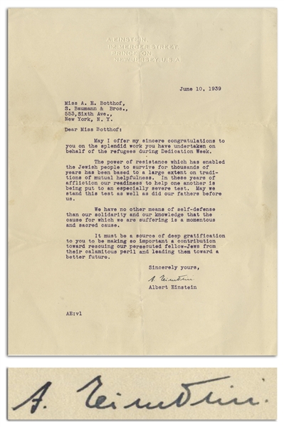 Albert Einstein Letter Signed During WWII -- The power of resistance which has enabled the Jewish people to survive...our readiness to help one another is being put to an especially severe test